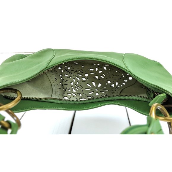 Via Spiga green leather laser floral cut brass chain shoulder purse - Picture 6 of 7